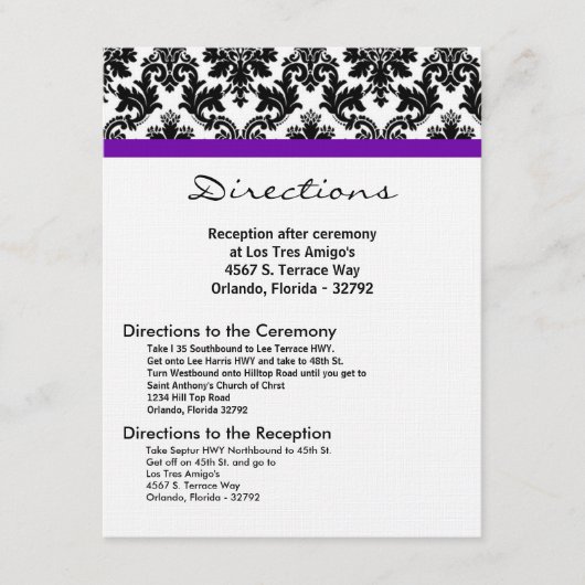 D'accompagnement 4x5 Carte de direction Black Damask Purple Recepti (Devant)