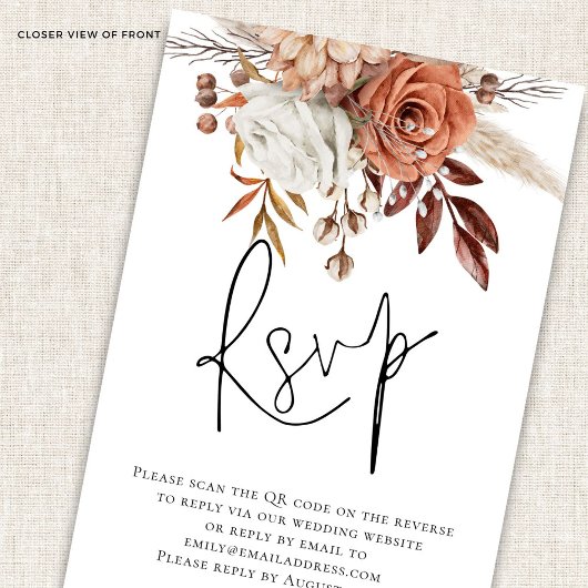 D'accompagnement Boho Rust Florals Script QR Code Mariage carte RSV