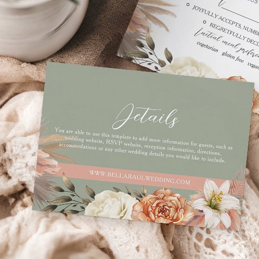 D'accompagnement Carte Boho Sage Green Peach Floral Mariage Détails