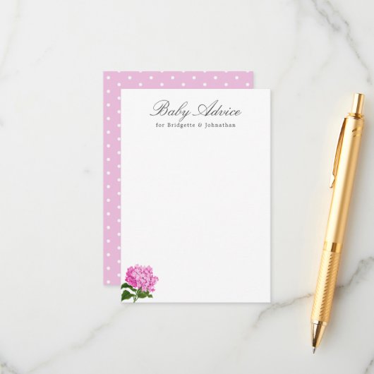 D'accompagnement Carte de conseil pour bébé Hydrangea rose (Devant/Arrière en situation)