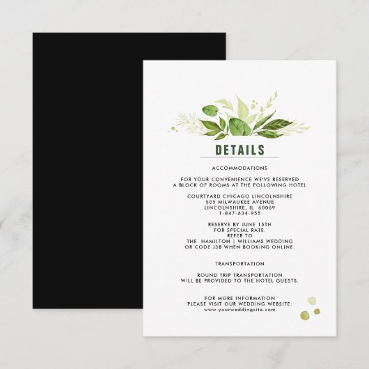 D'accompagnement Carte de détail du Mariage Botanique Vert Noir (Devant / Derrière)