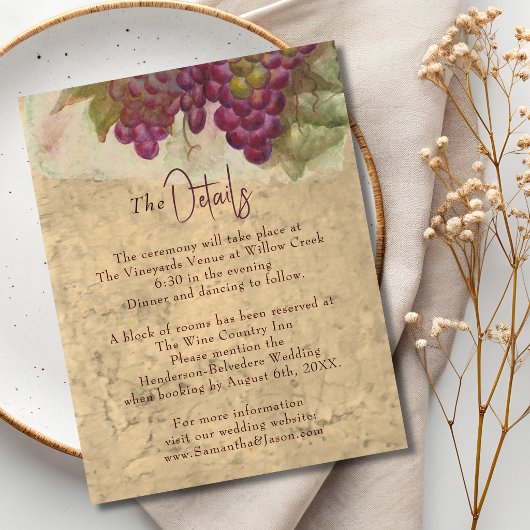 D'accompagnement Carte de détails de mariage au vignoble rustique