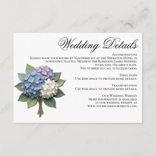 D'accompagnement Carte de détails de mariage aux fleurs d'Hydrangea (Devant)