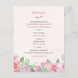 D'accompagnement Carte de détails de mariage aux roses rosées | Flo