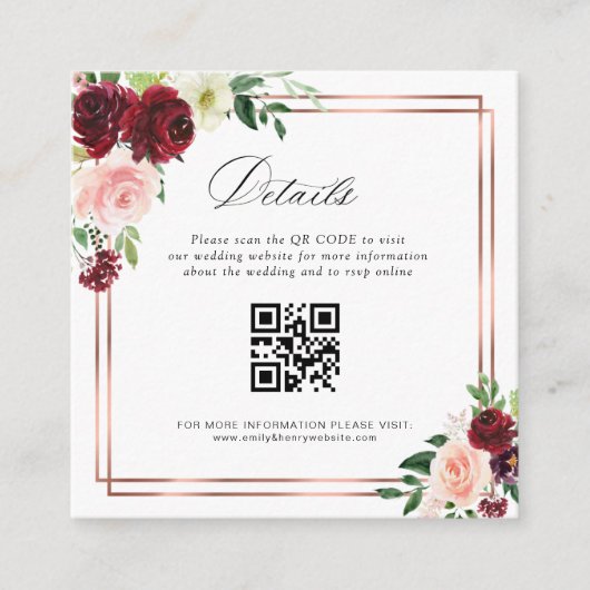 D'accompagnement carte de détails de mariage avec code QR bordeaux (Devant)