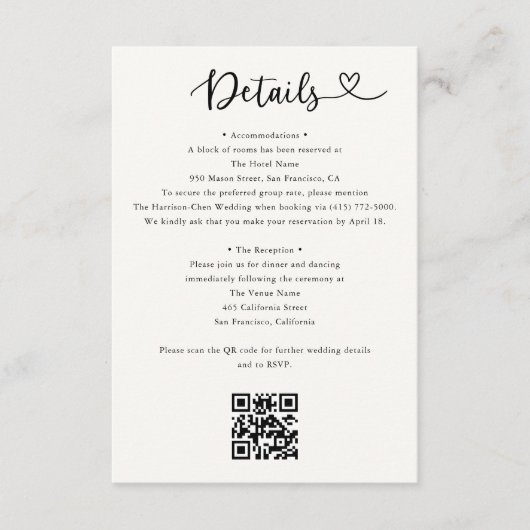 D'accompagnement Carte de détails de mariage avec code QR pour RSVP (Devant)