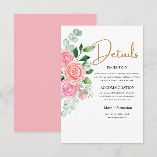 D'accompagnement Carte de détails de mariage avec roses et eucalypt (Devant / Derrière)