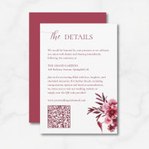 Carte de détails de mariage floral élégant bordeau