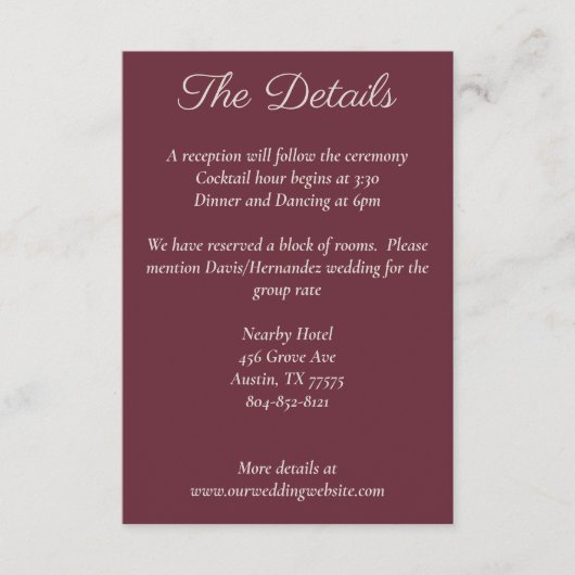 D'accompagnement Carte de détails de prune violette de script minim (Devant)