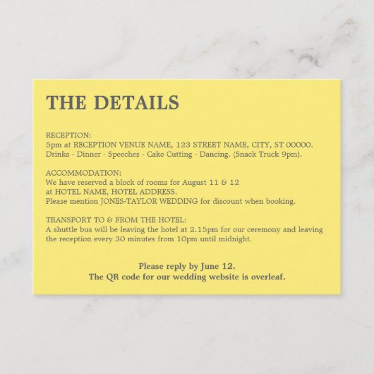D'accompagnement Carte de détails du Mariage de code QR jaune beurr (Devant)