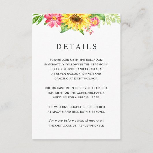 D'accompagnement Carte de détails du Mariage de tournesol (Devant)