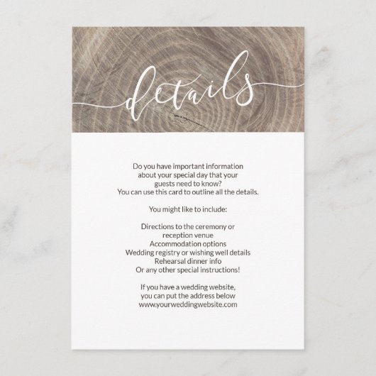 D'accompagnement Carte de détails du mariage en bois rustique (Devant)