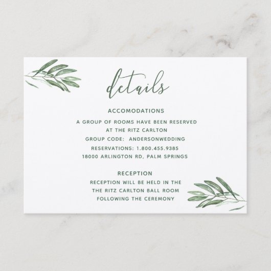 D'accompagnement Carte de détails du Mariage Feuille d'Olive (Devant)