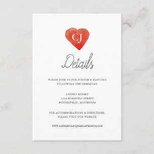 D'accompagnement Carte de détails du Mariage Watercolor Red Heart