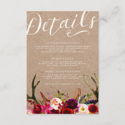 D'accompagnement CARTE DE DÉTAILS | Élégant Boho Floral Rustique An (Devant)