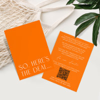 Carte de détails orange vibre et code QR RSVP