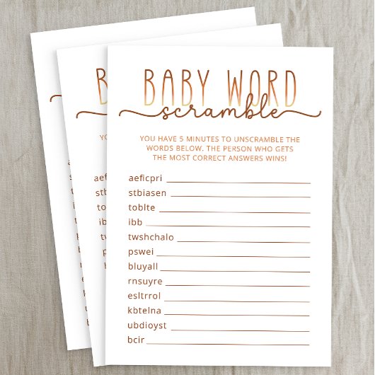 D'accompagnement Carte de jeu de Baby shower Word Scramble neutre
