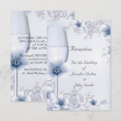 D'accompagnement Carte de Réception Mariage Argent Bleu Rose Fleuri (Devant / Derrière)
