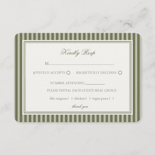 D'accompagnement Carte de réponse de mariage rayée vert olive Marti (Devant)