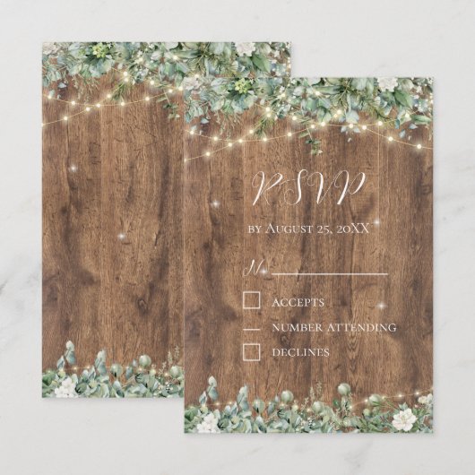 D'accompagnement Carte de réponse Rustic Wood & String Lights | Gra (Devant / Derrière)