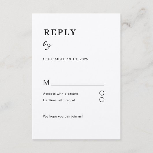 D'accompagnement Carte de réponse simple moderne blanc noir RSVP (Devant)