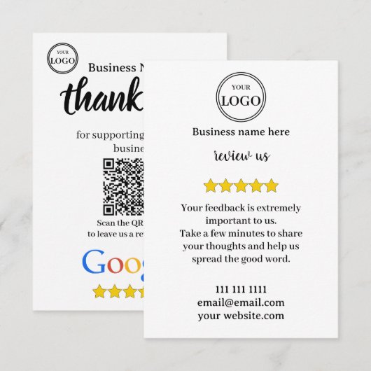 D'accompagnement Carte de visite avec lien QR Code pour avis Google (Devant / Derrière)