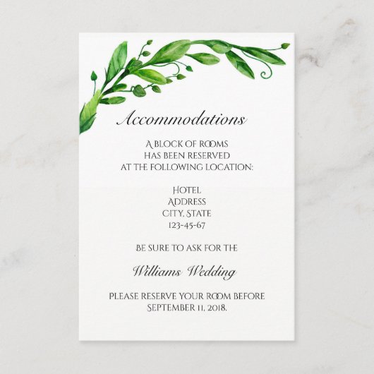 D'accompagnement Carte d'hébergement. Détails du mariage vert. Info (Devant)