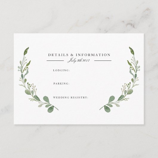 D'accompagnement Carte d'information à l'aquarelle de la vigne verd (Devant)