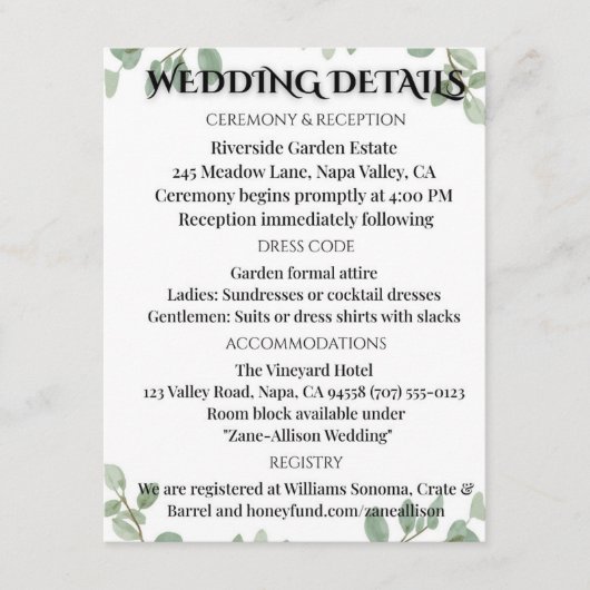 D'accompagnement Carte d'information de mariage au eucalyptus vert  (Devant)