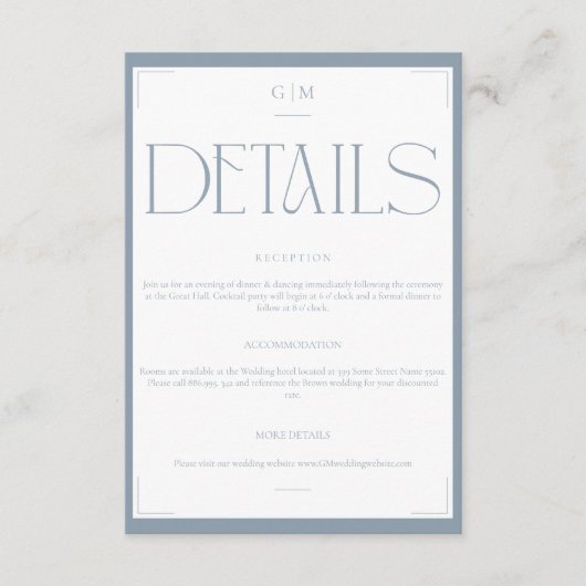 D'accompagnement Carte d'information de mariage classique bleu mono (Devant)