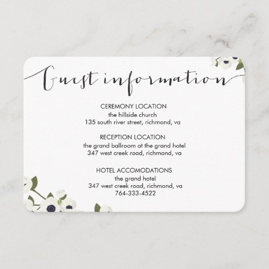 D'accompagnement Carte d'information du Mariage de fleurs d'anémone (Devant)
