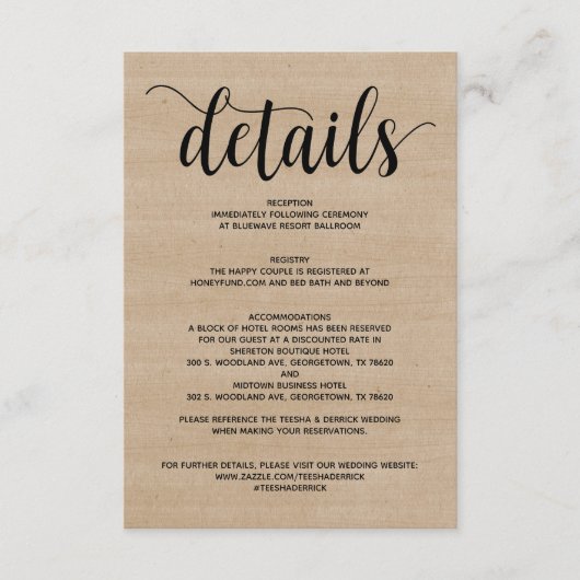 D'accompagnement Carte d'information sur les détails du mariage à l (Devant)