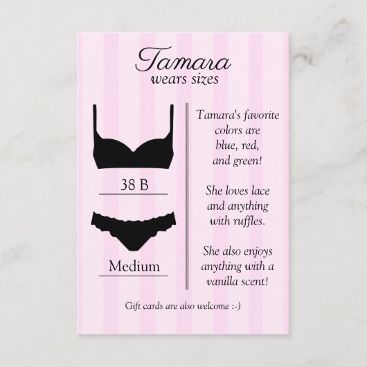 D'accompagnement Carte d'insertion de taille de lingerie de mariée (Devant)