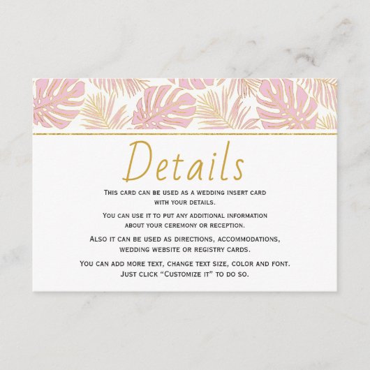 D'accompagnement Carte d'insertion feuille rose et or mariage (Devant)