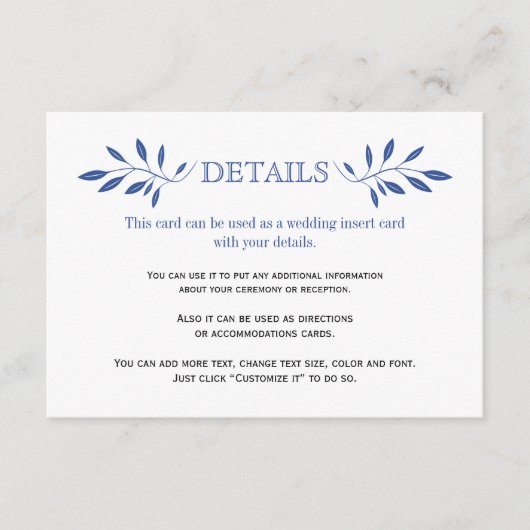 D'accompagnement Carte d'insertion motif Indigo blue feuille mariag (Devant)