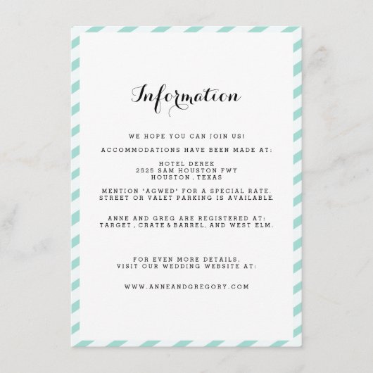 D'accompagnement Carte d'insertion turquoise Blue Stried Mariage In (Devant)