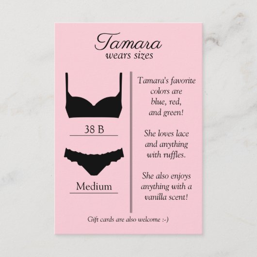 D'ACCOMPAGNEMENT CARTE INSERTION TAILLE LINGERIE : TOUTE COULEUR DE (Devant)