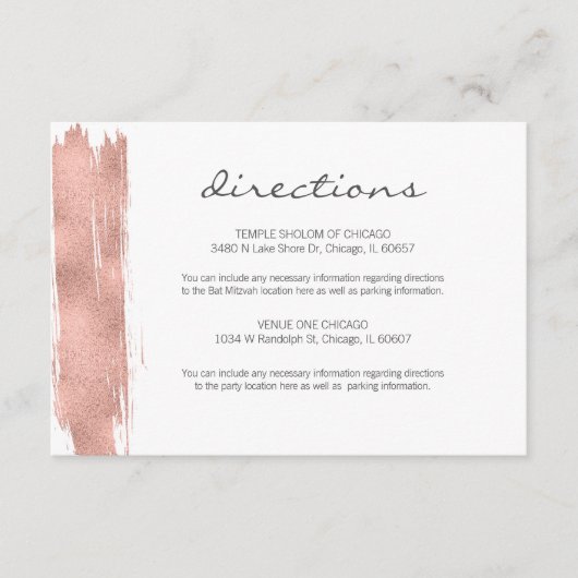D'accompagnement Carte rose Gold Brushstroke Bat mitzvah Directions (Devant)