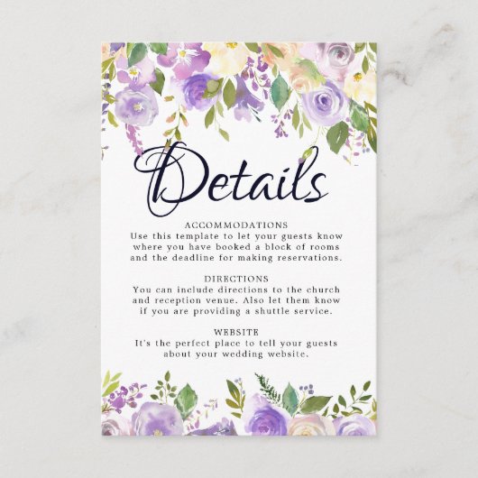 D'accompagnement Carte Rustic Purple Cream Floral Mariage Détails (Devant)