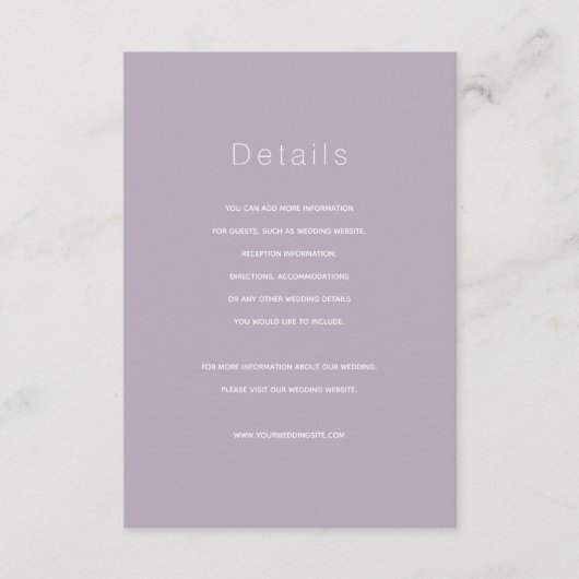 D'accompagnement Carte simple moderne Dusty Lilac Mariage Détails (Devant)
