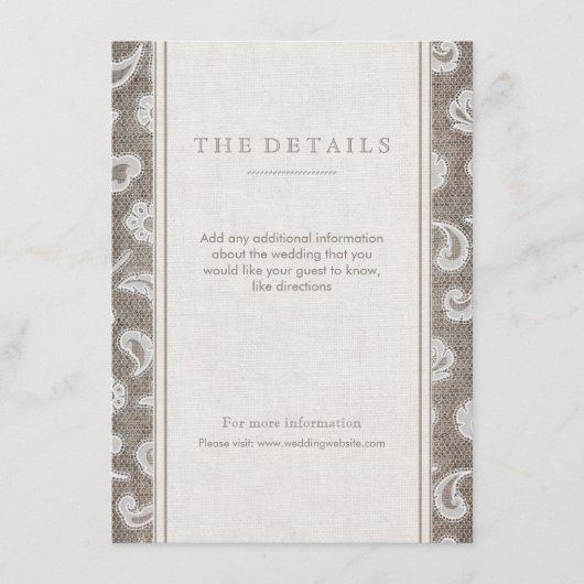 D'accompagnement Dentelle et burlap carte de détail de mariage camp (Devant)