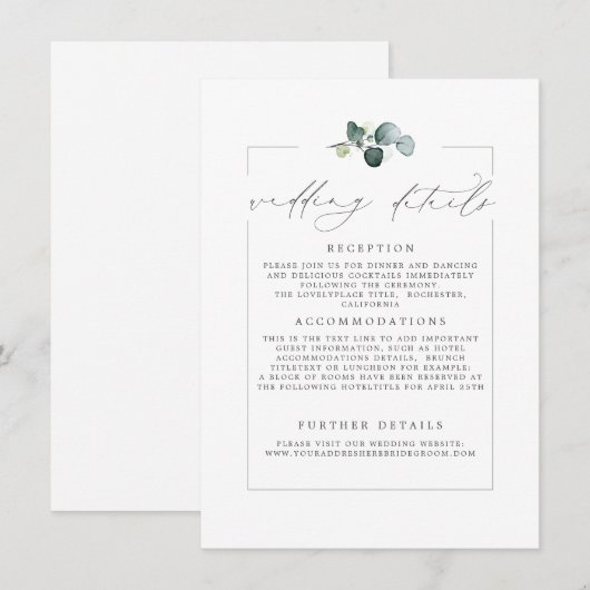 D'accompagnement Détails mariage Eucalyptus Green Carte moderne (Devant / Derrière)
