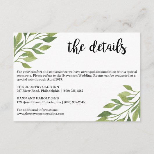 D'accompagnement Détails mariage vert insérer carte botanique (Devant)