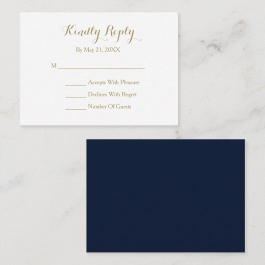 D'accompagnement Élégant Script Marine Bleu Or Blanc carte RSVP (Devant / Derrière)
