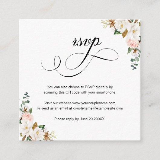 D'accompagnement Magnolia Floral Script QR Code Mariage Carte RSVP (Devant)