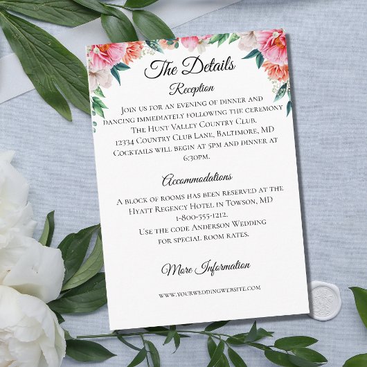 D'accompagnement Mariage rose Pêche Floral Détails Carte de boîtier