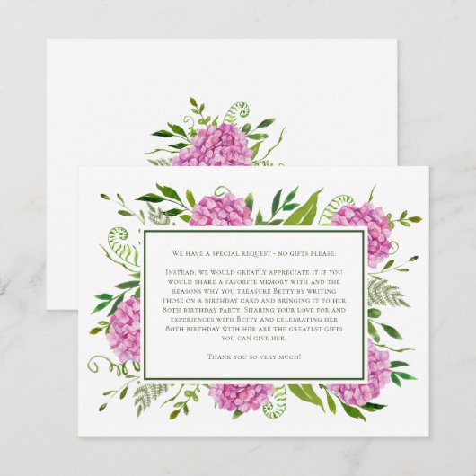 D'accompagnement Pink Hydrangeas 80e carte d'anniversaire Demande (Devant / Derrière)