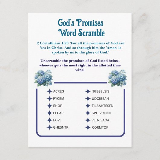 D'accompagnement Promesses de Dieu Word Scramble Carte de jeu (Devant)