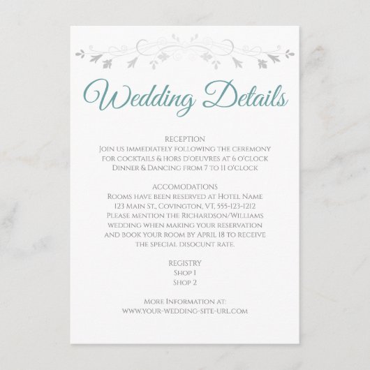 D'accompagnement Turquoise & Grey Elegant Wedding Details Carte de  (Devant)