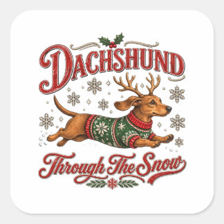 Dachshond door de sneeuw vierkante sticker